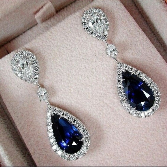 18K WHITE GOLD FILLED BLUE SAPPHIRE EARRINGS - Picture 2 of 3